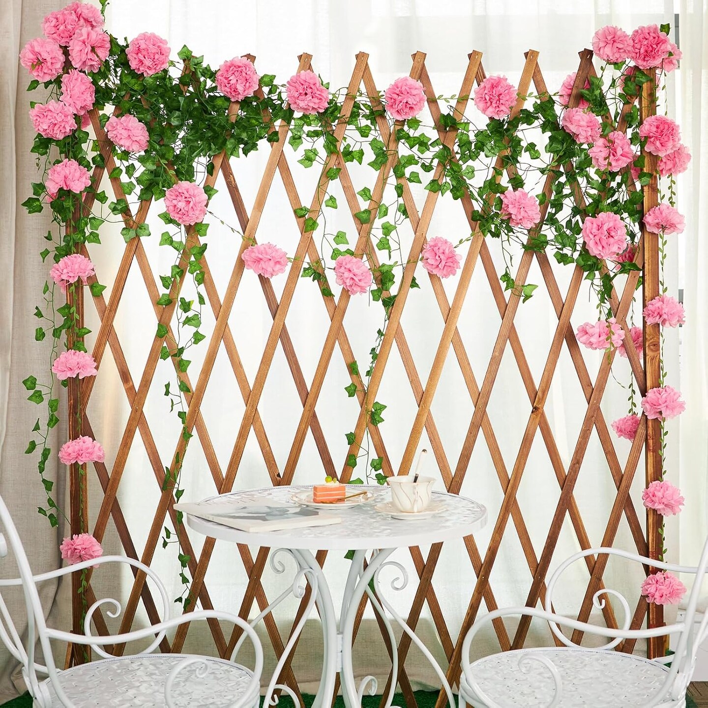 2PCS Pink Paper Flower Garland, Flower Leaves Banner Flower Pom Pom Garland Spring Hanging Paper Flower Decorations for Wall Nursery Anniversary Wedding Birthday Arch Decor (8.2ft)
