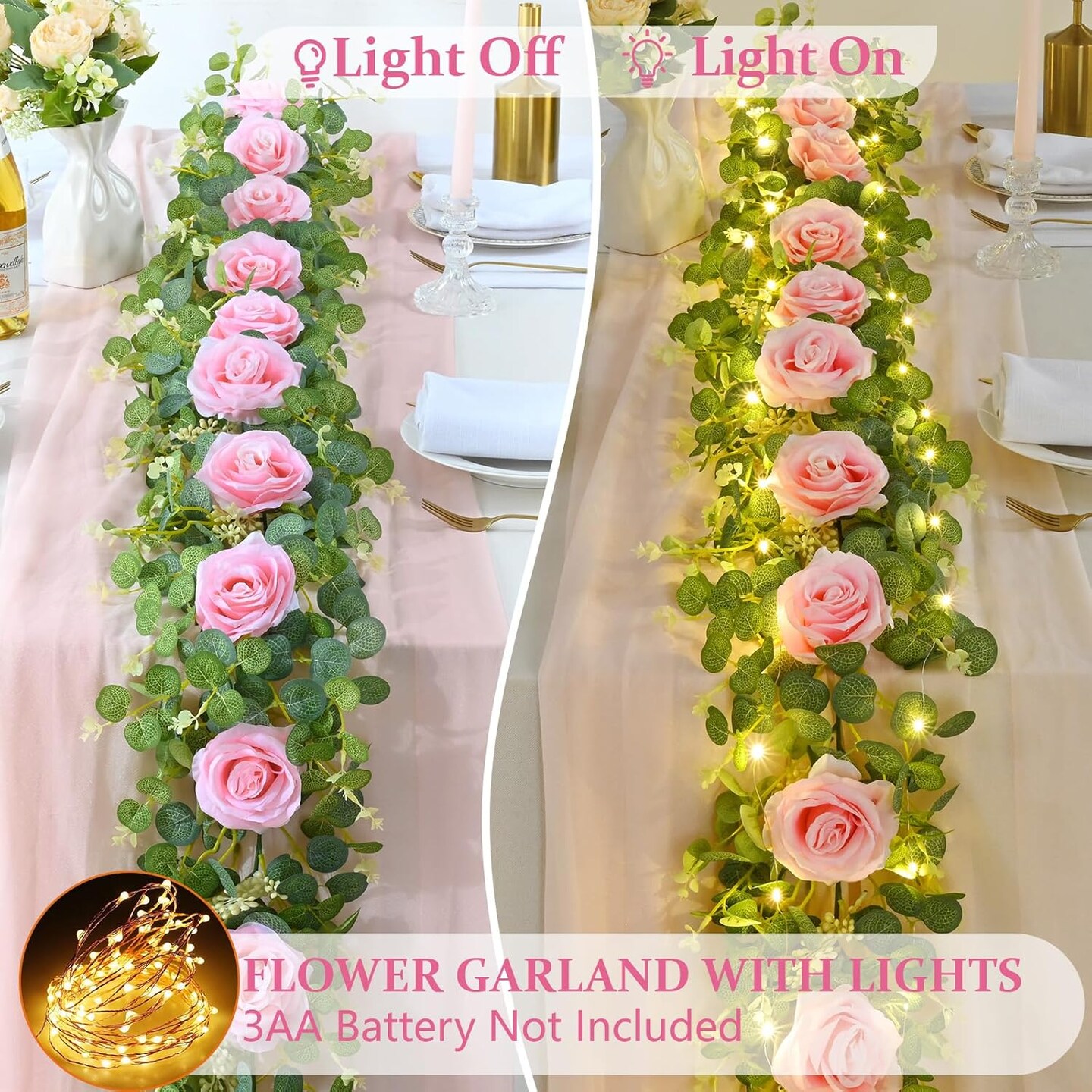 2 Pack 6 FT Artificial Flower Garland with Lights, Fake Floral Garland with Pink Rose, Pink Flower Garland Decorations for Wedding Centerpieces Backdrop Arch Party Room Wall Spring Decor