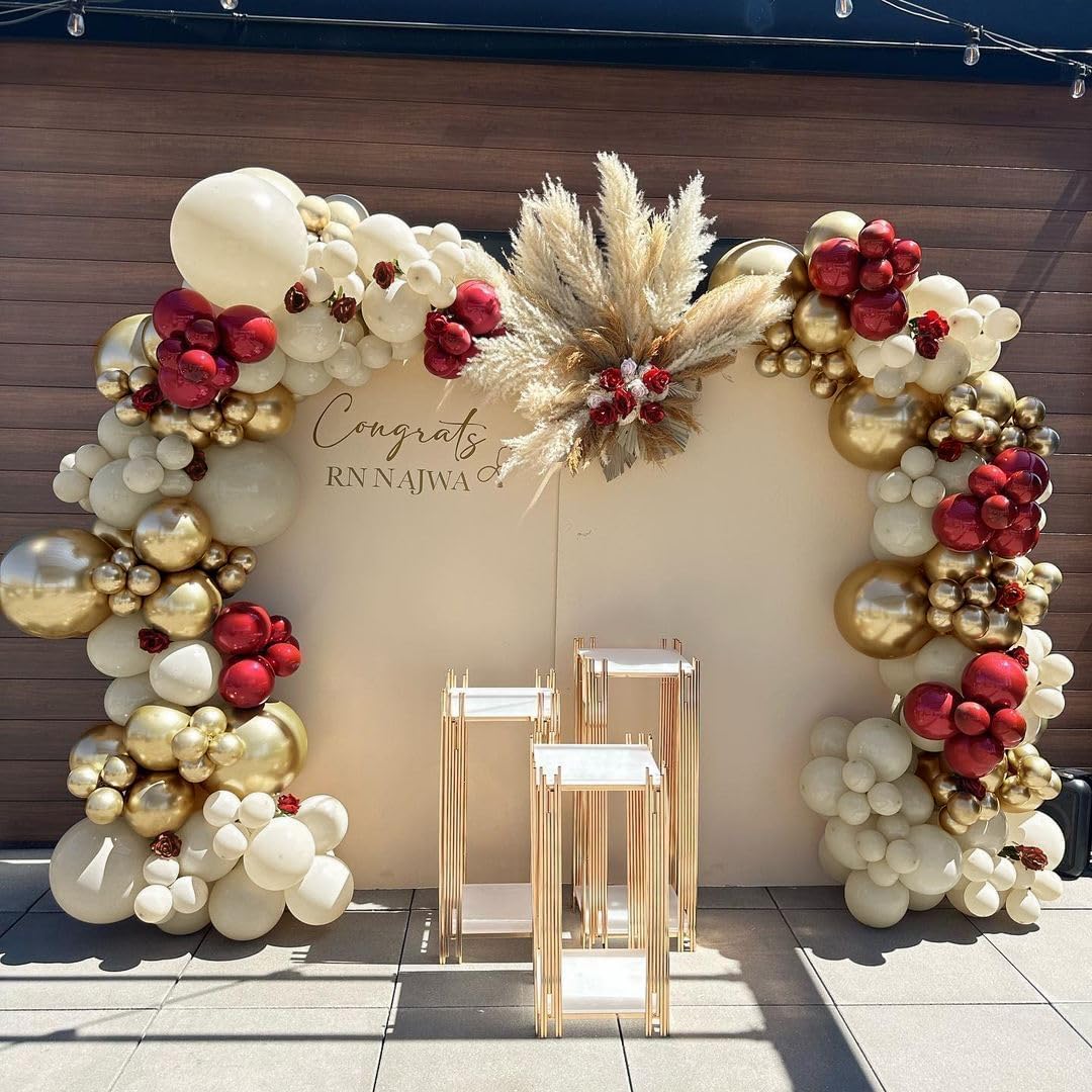 Burgundy Gold Balloons Garland Double Stuffed Wine Red Sand White Metallic Gold Latex Balloons Arch Kit