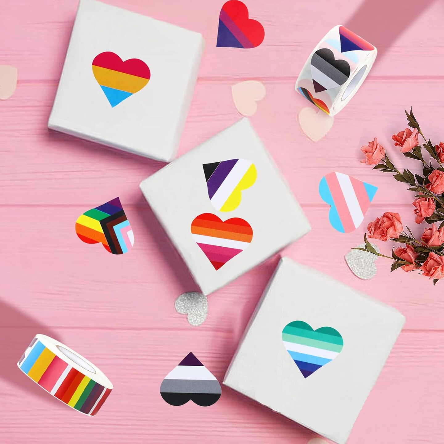 2 Rolls 1000 PCS Rainbow Pride Stickers – LGBTQ Heart Flag Stickers for Pride Month