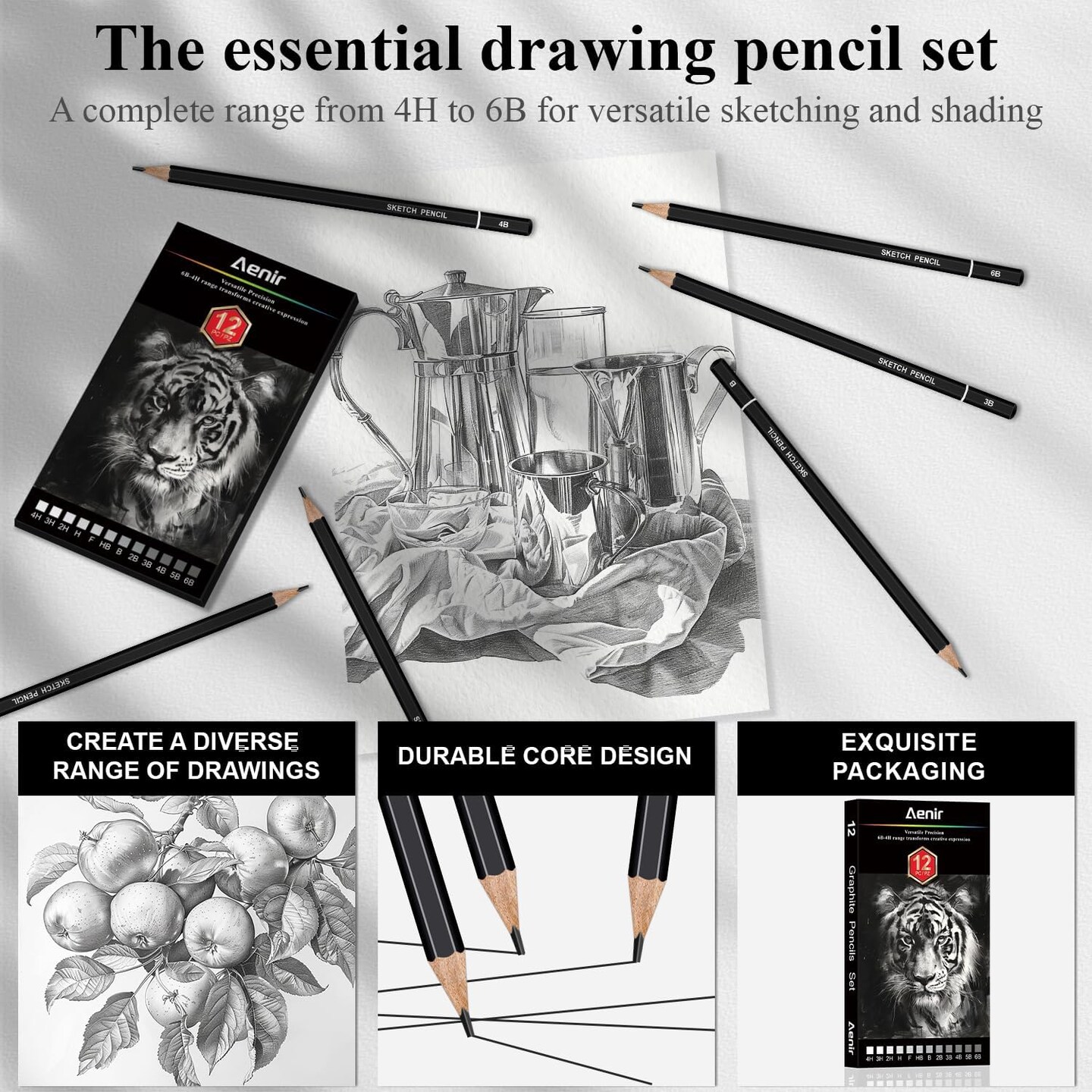 Sketching Pencils for Drawing, Set of 12 Drawing Pencils for Sketching Medium (6B - 4H), Artist Graphite Pencils for Drawing, Sketch Pencils for Artists for Sketching Supplies, Drawing Art Supplies.