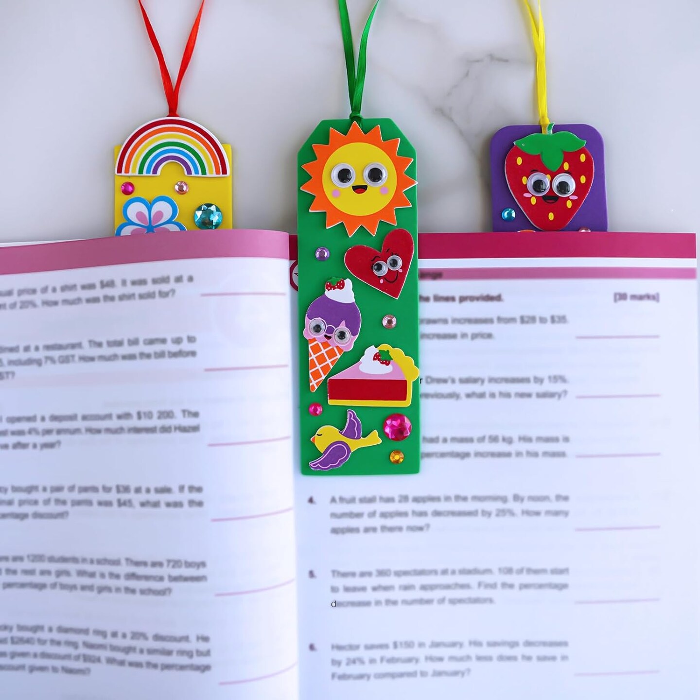 36 Sets Summer Cute Crafts Kits DIY Colorful Whimsical Bookmarks Decorations Art Sets Fruits Sweet Treats Animals Sun Rainbow Foam Stickers