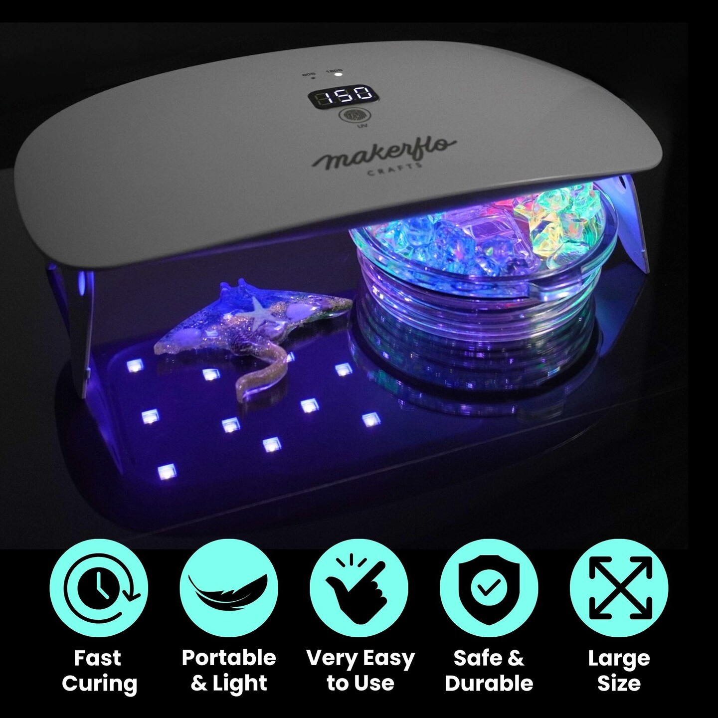 Makerflo UV Resin Lamp – 36W, 23 LED Bulbs, 365-405nm Curing, USB-C Rechargeable, Wireless/Wired, 3 Timer Modes, Digital Display, Adjustable Legs – Perfect for Resin Crafts & Jewelry