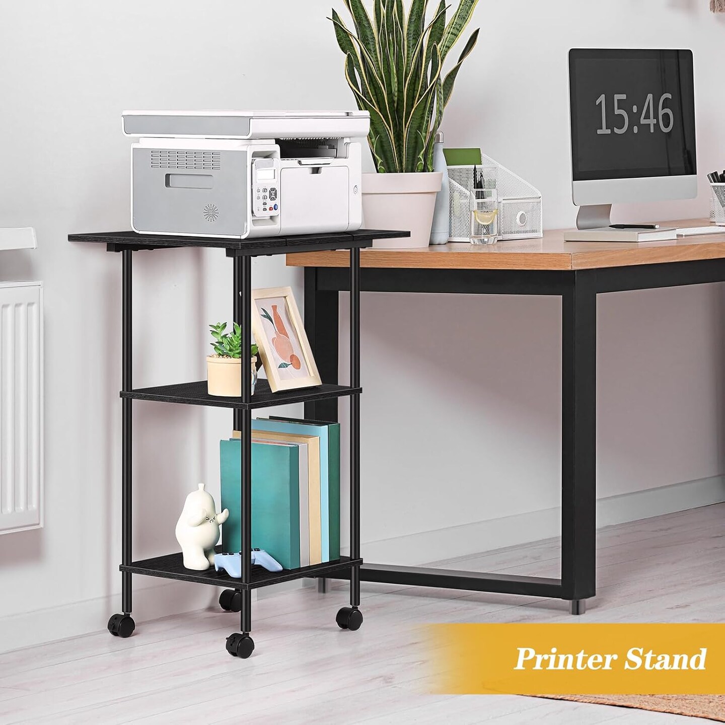 Black Modern 3-Tier Rolling Printer Stand with Wheels &#x26; Storage - Adjustable Feet, Large Desktop for Printers, Scanners, Office Supplies (23.6&#x22;W/60cm x 15.7&#x22;D/40cm x 31.5&#x22;H/80cm)