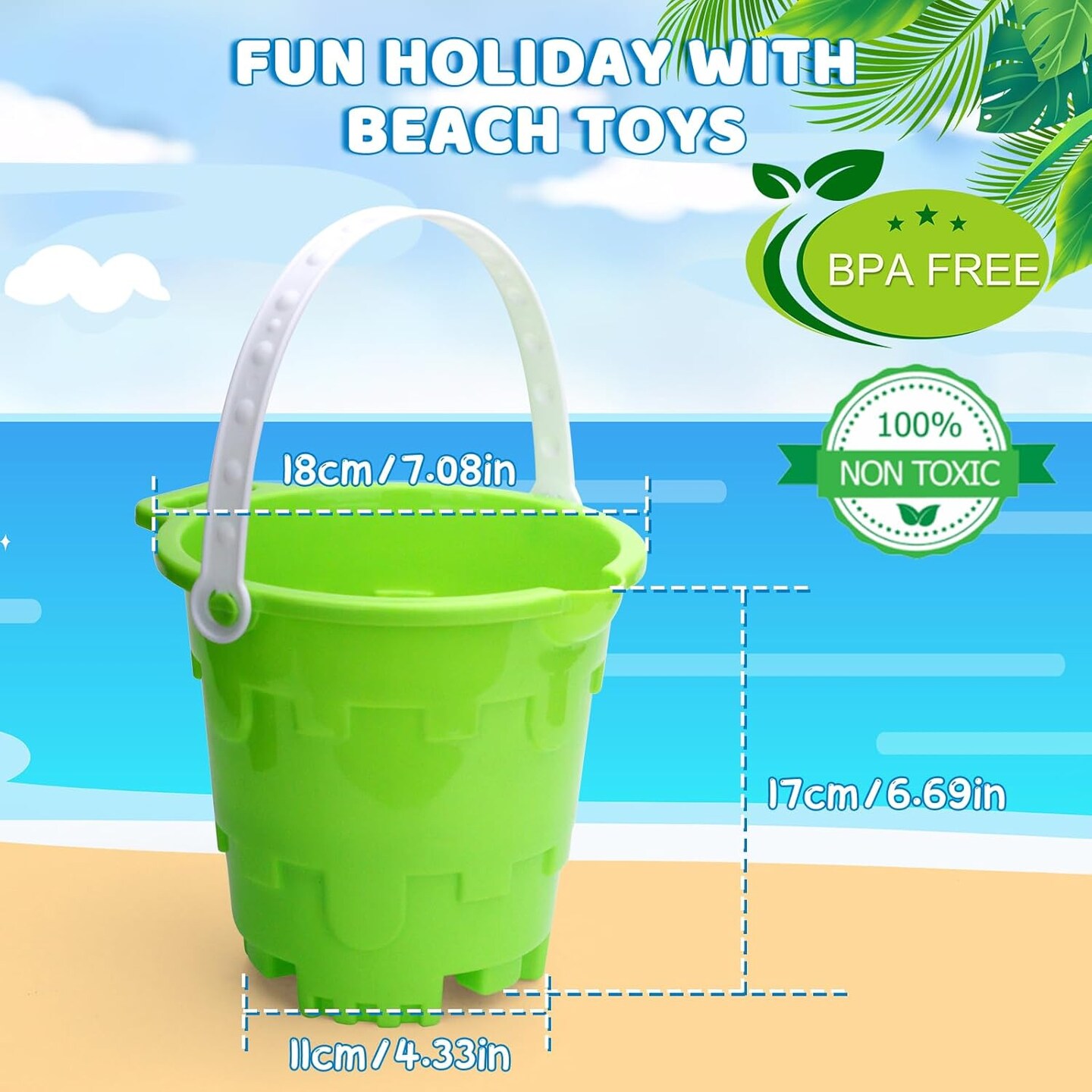 Summer Beach Sand Toy Bucket Gear For Kids Adult, 7&#x22; Plastic Beach Castle Mold Buckets, Sand Pail Water Bucket for Summer Party Fishing, Space Saving Outdoor Waterpot for Garden Camping Accessory (3PCS)