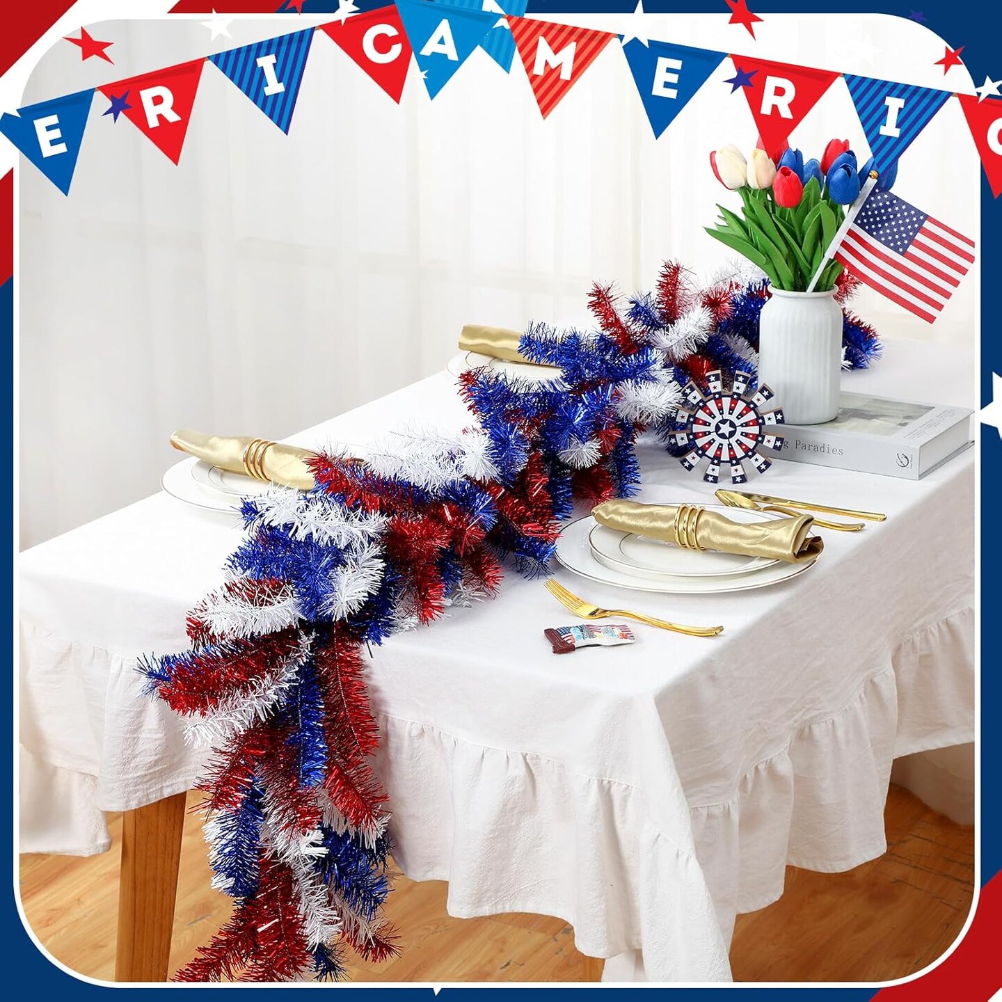 6 ft Memorial Day Garland with 30 Fairy Light 4th of July Red White and Blue Pine Cedar Garland Decoration for 250th Anniversary Independence Day Flag Stairs Fireplace Mantel Decor