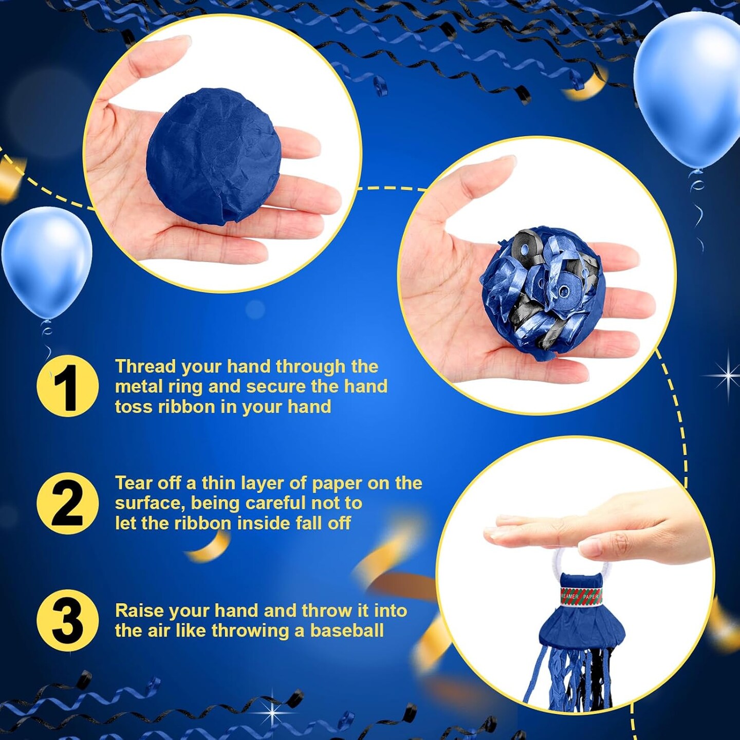 50 Pcs Graduation No Mess Confetti Popper Hand Throw Streamer Popper Bulk Colorful Party Confetti for 2025 Congrats Grad Birthday Wedding Party Celebration Supplies(Black, Blue)