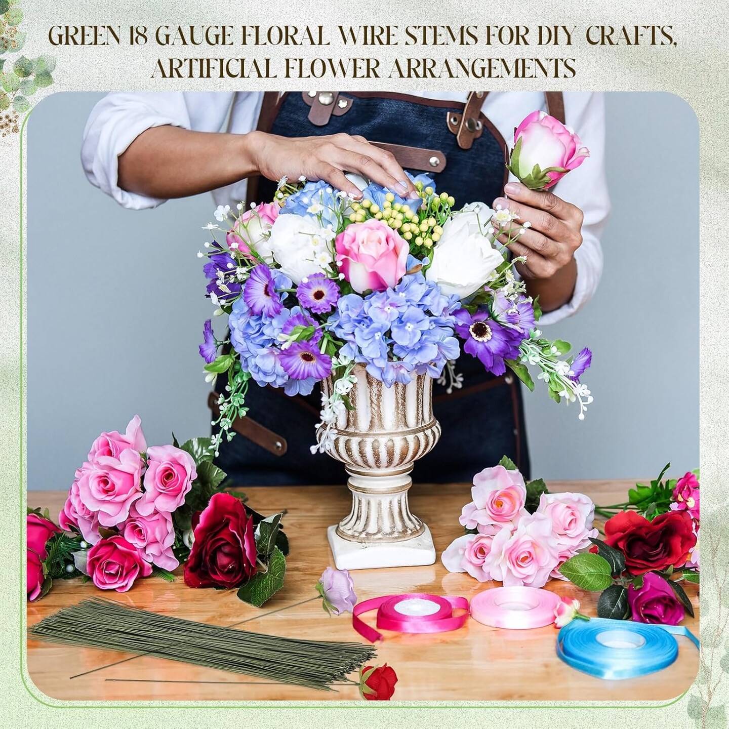 600 Pieces 18-Gauge Green Floral Wire – 16 Inch Paper-Wrapped Stems for DIY Crafts, Christmas Garlands, and Flower Arrangements, Dark Green