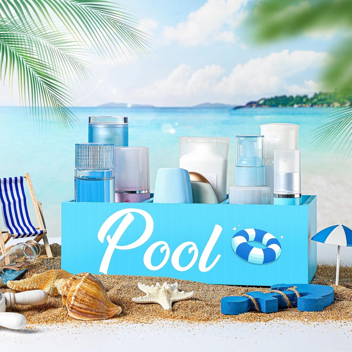 Summer Storage Basket Blue Pool Wooden Box with Three Compartments Toilet Tank Tray for Indoor Outdoor Swimming Pool Decor Sunblock Sunglasses Pool Toy Storage Box