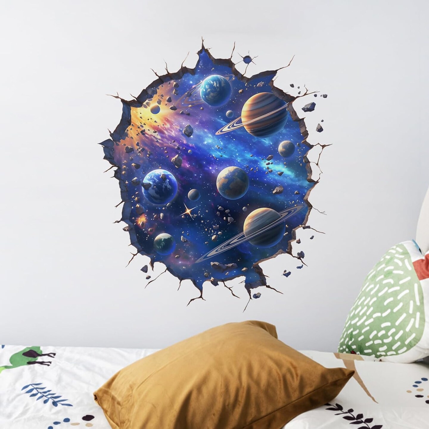 Beautiful Planets Wall Stickers 3D Universe Outer Space Nursery Broken Wall Wall Decals for Kid Boy Removable Peel and Stick Wall Art Home Decor Decoration for Preschool Living Room Bedroom