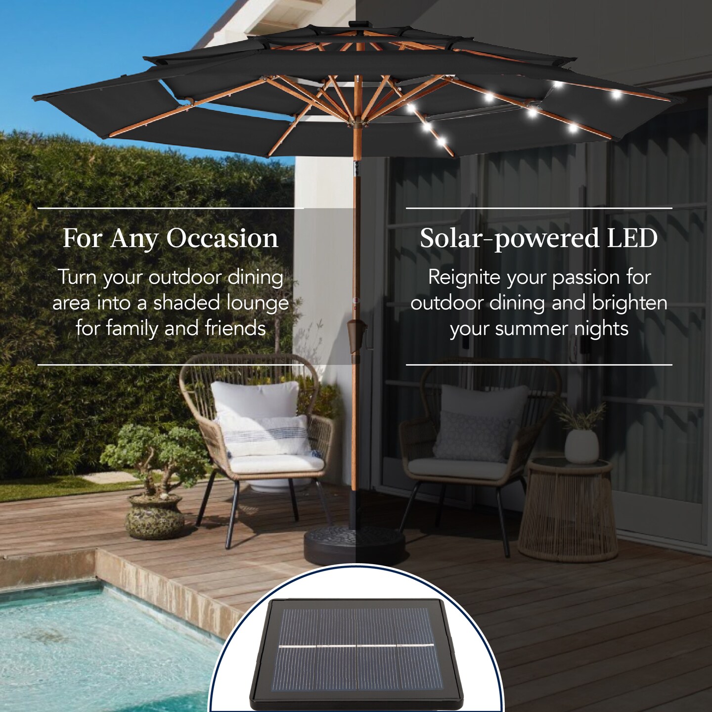 Best Choice Products Woodgrain Pattern 10ft 3-Tier Solar Patio Umbrella w/ 24 LED Lights, Tilt