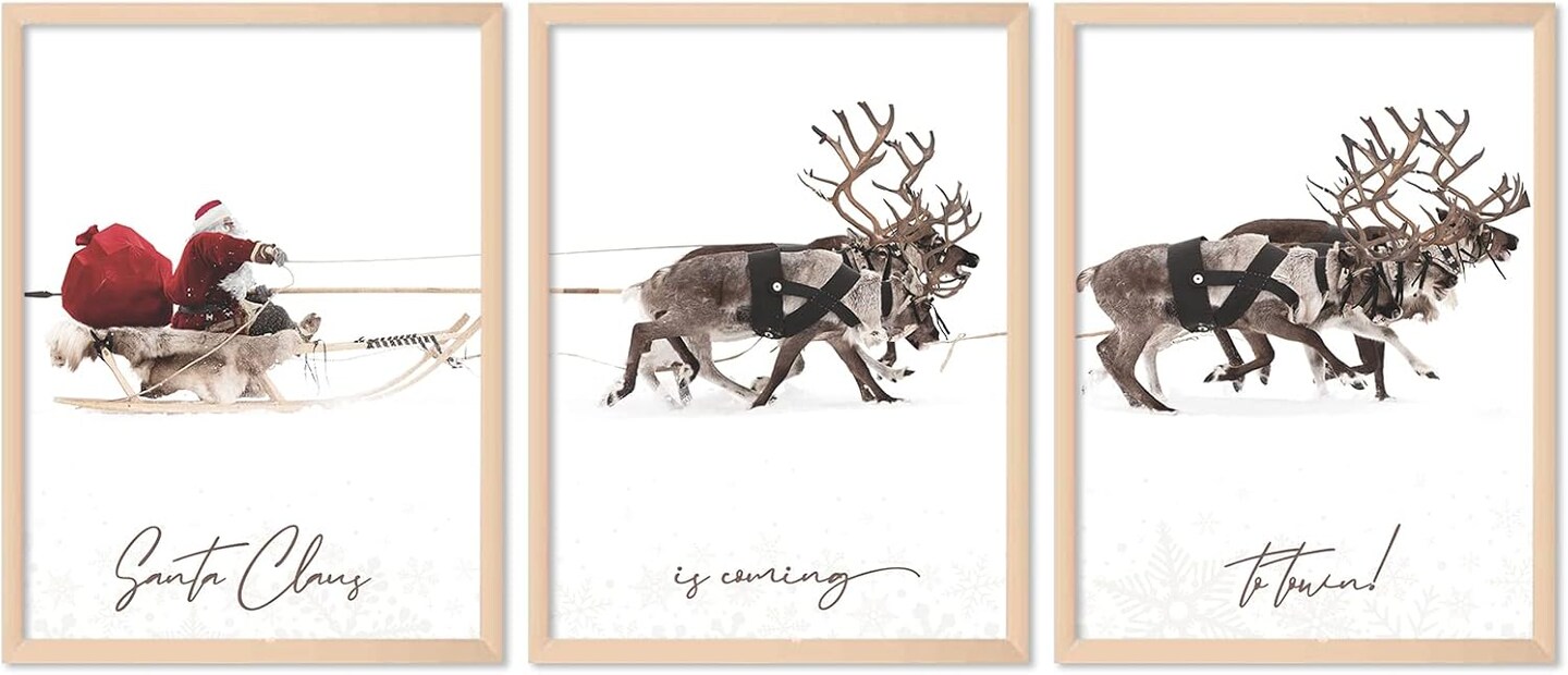 3Pcs Christmas Wall Art Prints 12x16in Santa Claus Reindeer with Sleigh Art Poster Decor Large Aesthetic Xmas Posters Room Decor for Gallery Living Room Bathroom Wall Decor(UNFRAMED)