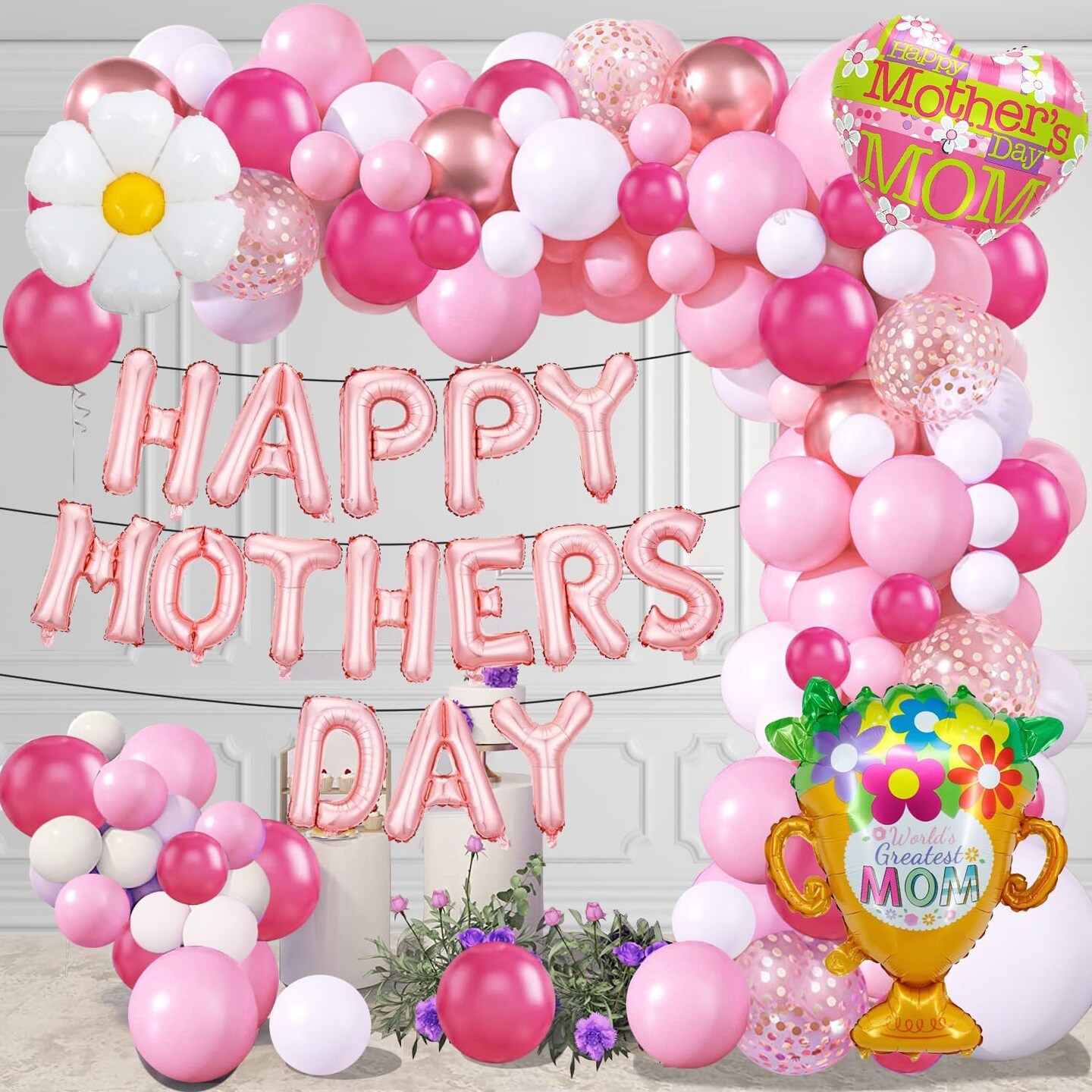 132PCS Mothers Day Balloons Garland Arch Kit,Mothers Day Decorations Happy Mother&#x27;s Day Foil Mylar Balloons for Mothers Day Party Decoration Supplies