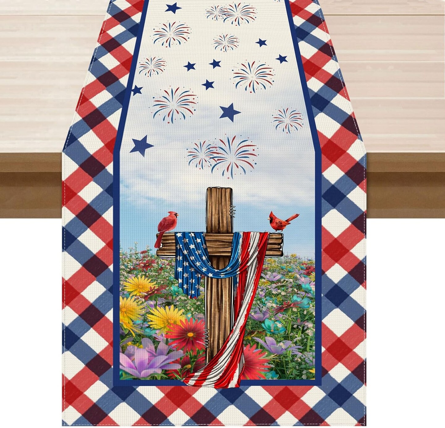 Flowers Cardinals Birds Stars Patriotic 4th of July Memorial Day America Independence Day Table Runner Decoration for Home Kitchen Holiday Party