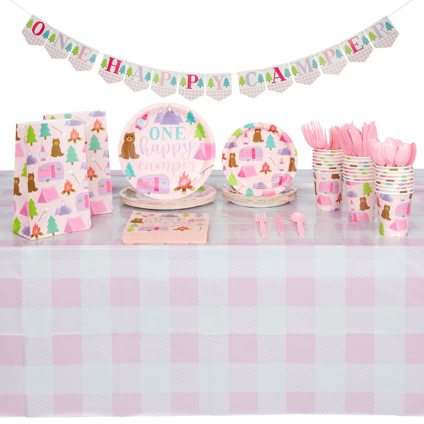 183 Piece Girls One Happy Camper Birthday Party Supplies with Plates, Napkins, Cups, Goodie Bags, Tablecloth, Banner and Cutlery (Serves 24)