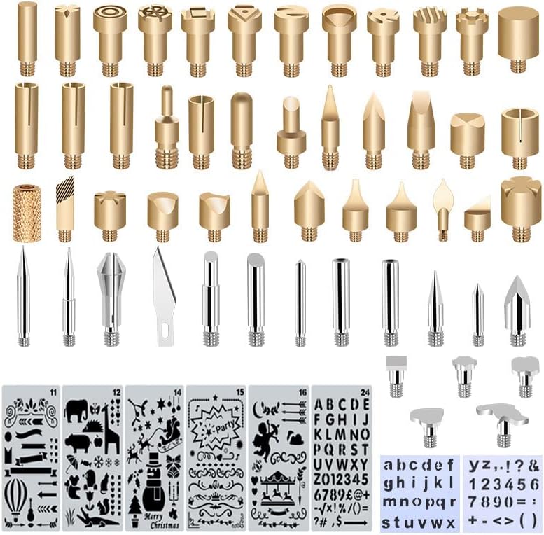 Wood Burning Tips Set and Stencils, Pyrography Wood Burning Alphabet Numbers Symbols Stamps Set&#xFF08; Include 53 Assorted Wood Burning/Carving/Embossing &#x26; Soldering Tips and 8 Stencils&#xFF09;