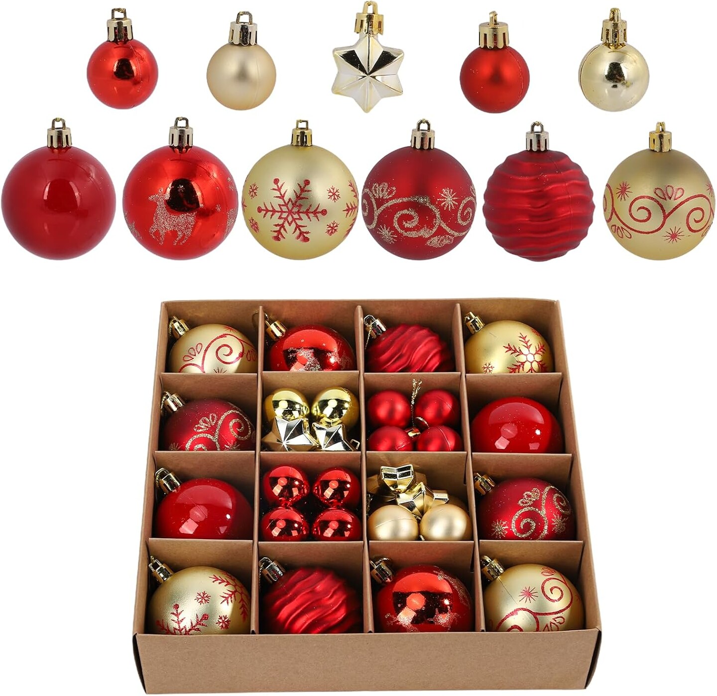 44Pcs Christmas Ball Gold and Red Christmas Ornaments Set for Garden Backyard Holiday Wedding Party Decor with 12 pcs 2.36” Large and 32 pcs 1.18” Mini Christmas Decorations Ornaments Bulk Balls