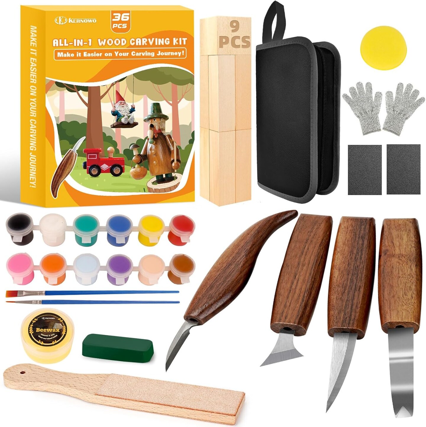 Wood Carving Kit, 36Pcs Wood Carving Tools with Paint and Beewax, Wood Whittling Kit with 4Pcs Whittling Knives & Storage Bag for Beginners and Enthusiasts