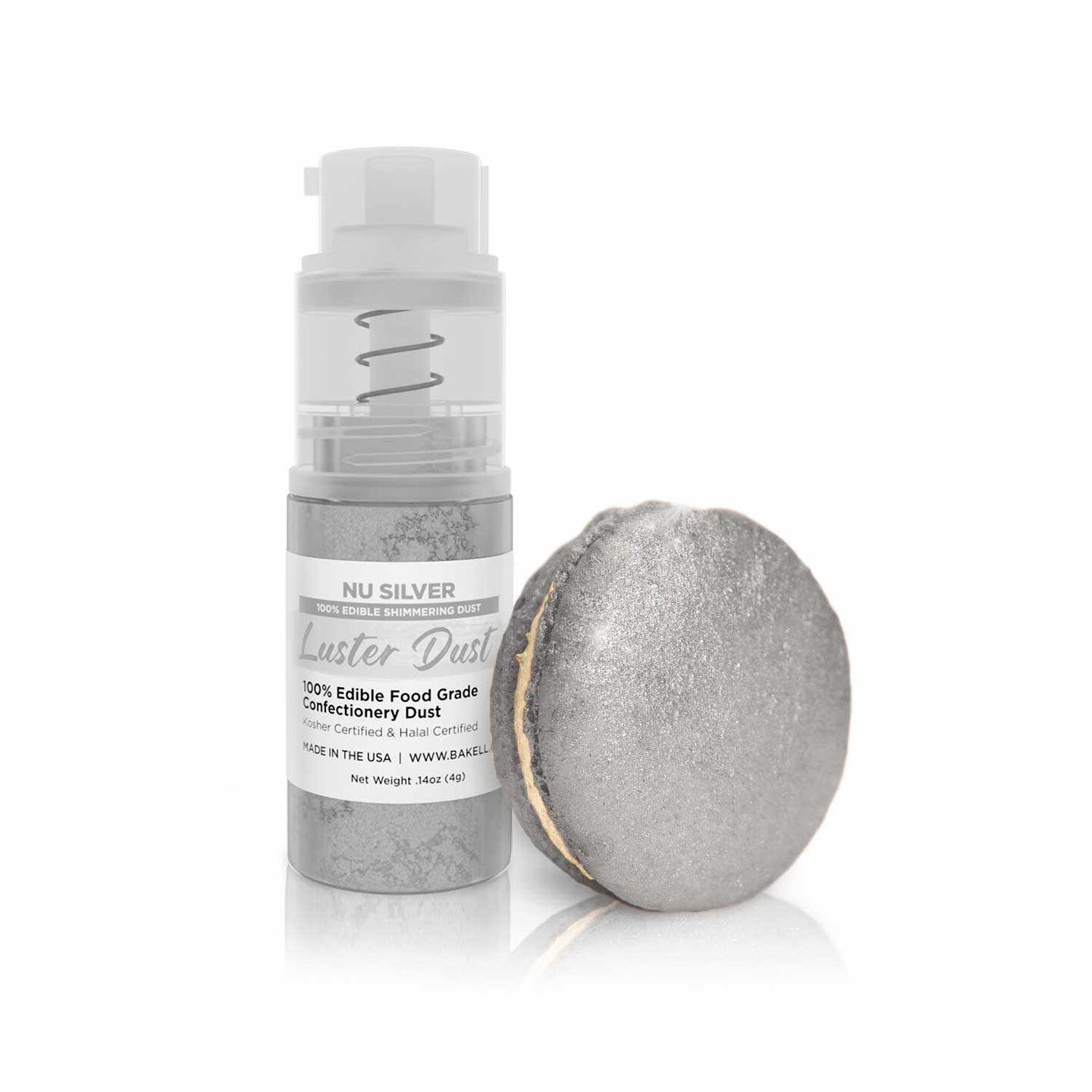 Bakell - Nu Silver Luster Dust (4g, 1x Pump) Edible Vegan Dust &#x26; Paint for Baking, Desserts and Beverages