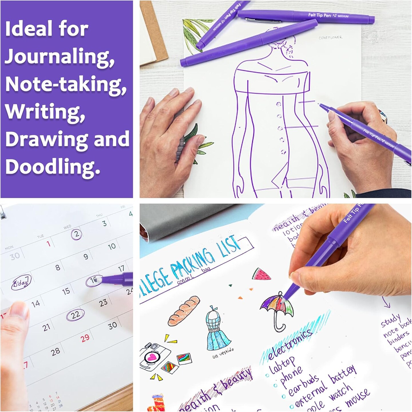 Felt Tip Pens, 60 Purple Pens, 0.7mm Medium Point Felt Pens, Felt Tip Markers Pens for Journaling, Writing, Note Taking, Planner, Perfect for Art Office and School Supplies