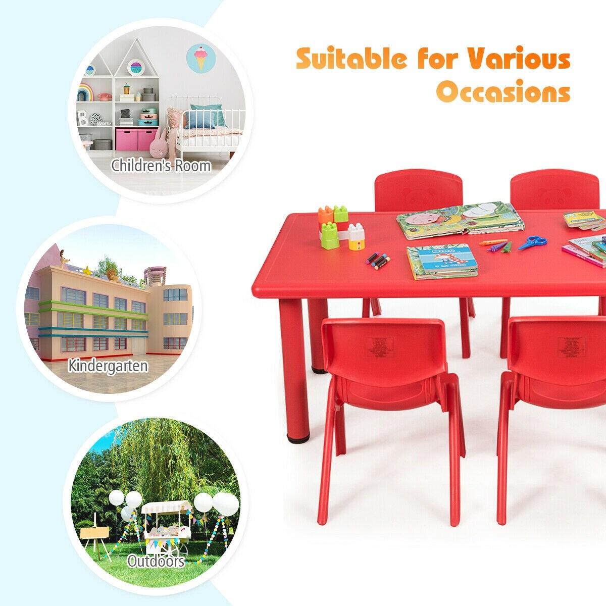 Kids Plastic Rectangular Play Table with Steel Pipe Suitable for Indoor or Outdoor Use