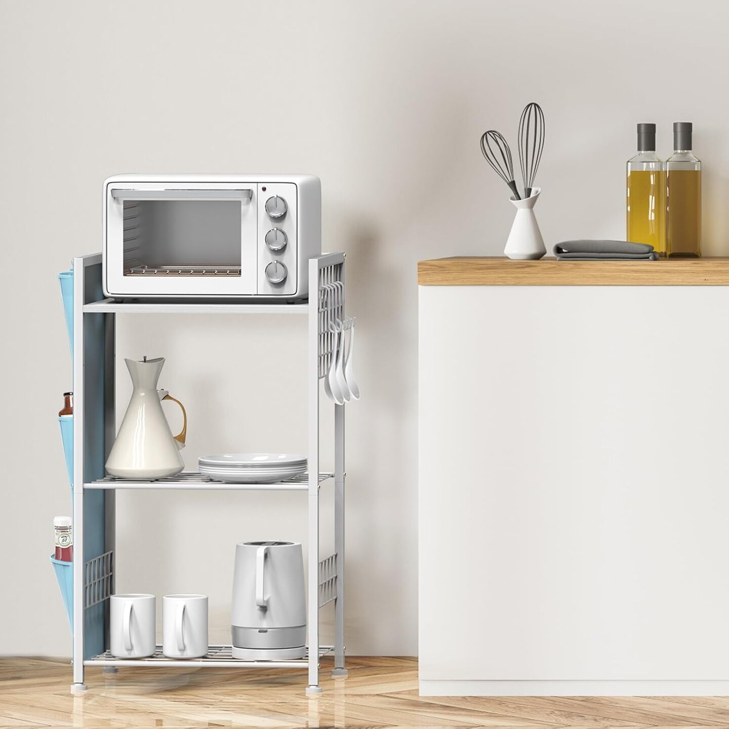 3-Tier Laundry Room Storage Rack with Hooks & Storage Bags - White Space-Saving Shelves for Detergent, Towels, Supplies - Multifunctional Organizer for Bathroom, Kitchen, Garage