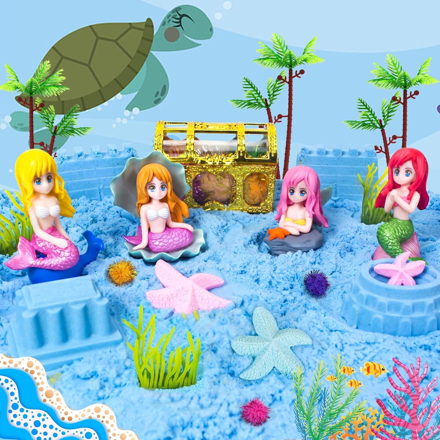 Summer Mermaid Sensory Bin Sandbox Toys for Toddlers Girls Kids- Mermaid Toys for Kids Play Sand Kit Sensory Sand Bin Toys with 2.2 lbs Sand &#x26; Castle Mold,Great Christmas Birthday Gift for Girl Kids