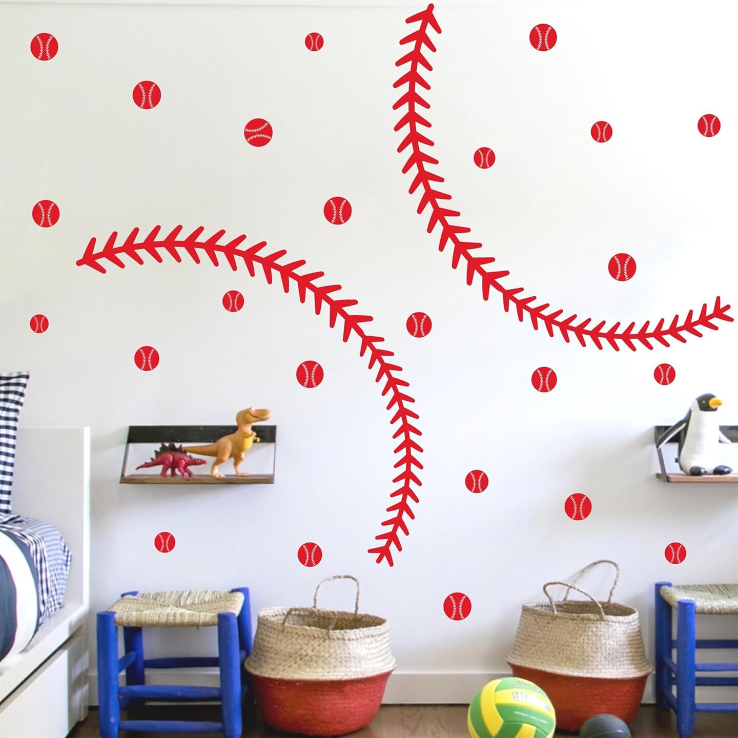 Vinyl Baseball Wall Decals Big Baseball Stitches Stickers Peel and Stick Ceiling Decals Baseball Lace Wall Stickers Large Sport Ball Wall Stickers for Teens Boy Girl Bedroom Playroom Decor