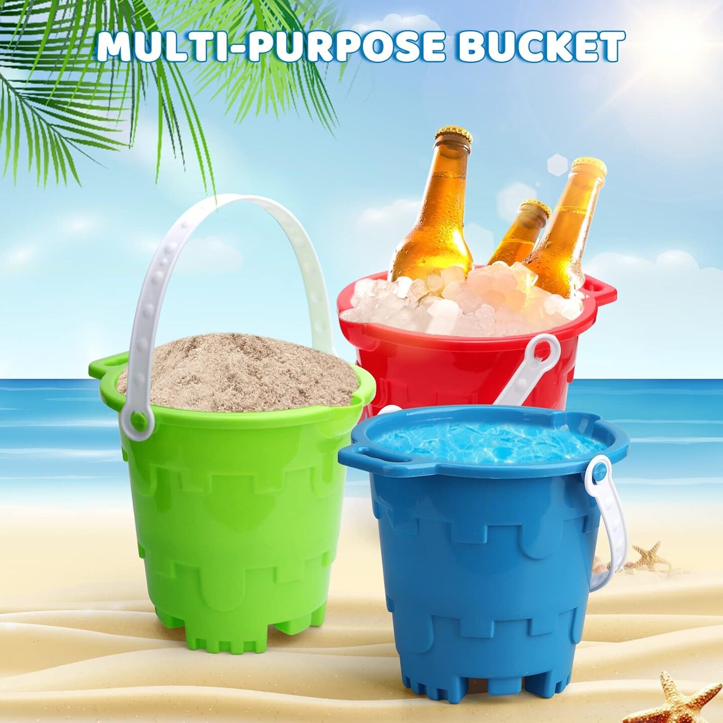 Summer Beach Sand Toy Bucket Gear For Kids Adult, 7&#x22; Plastic Beach Castle Mold Buckets, Sand Pail Water Bucket for Summer Party Fishing, Space Saving Outdoor Waterpot for Garden Camping Accessory (3PCS)