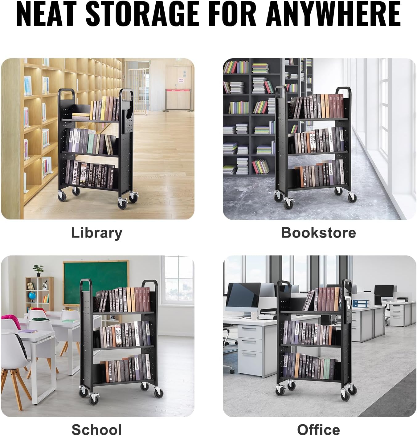 Library Book Storage Cart Book Shelf Book Organizer Trolley with 3 Flat Shelves