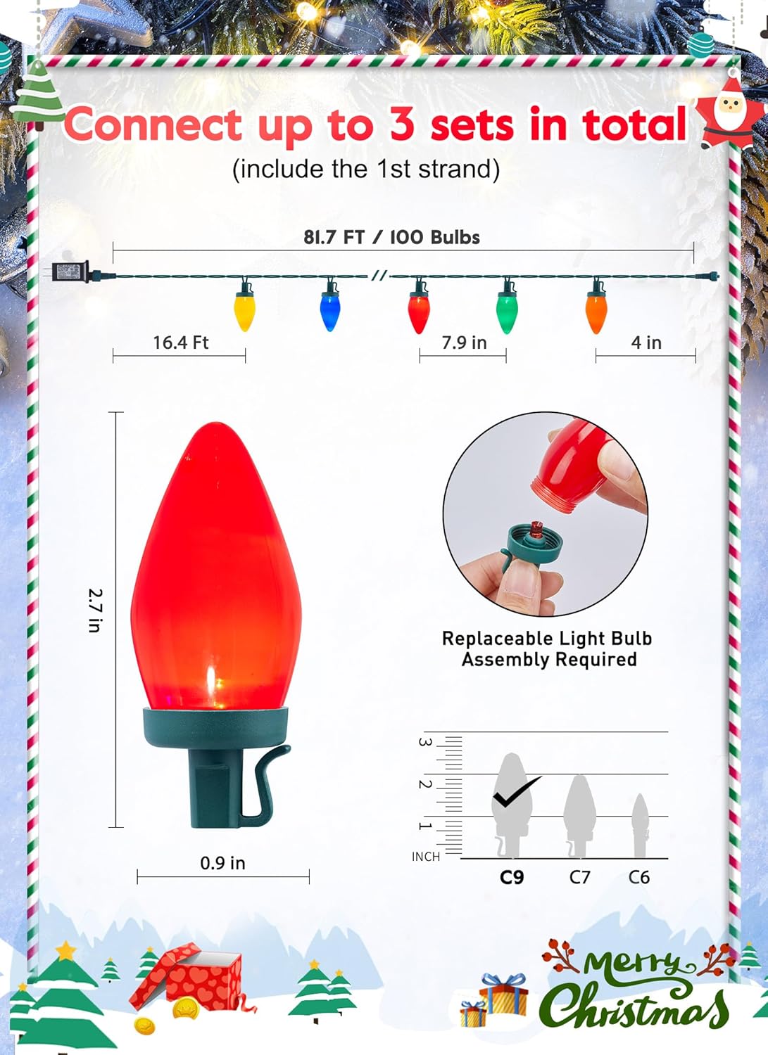 C9 Christmas Lights Outdoor Waterproof, 81 Feet 100 LED C9 String Lights with Timer &#x26; 8 Light Mode, Connectable Christmas Tree Lights for Indoor Outside Roofline Patio Decorations, Multicolor
