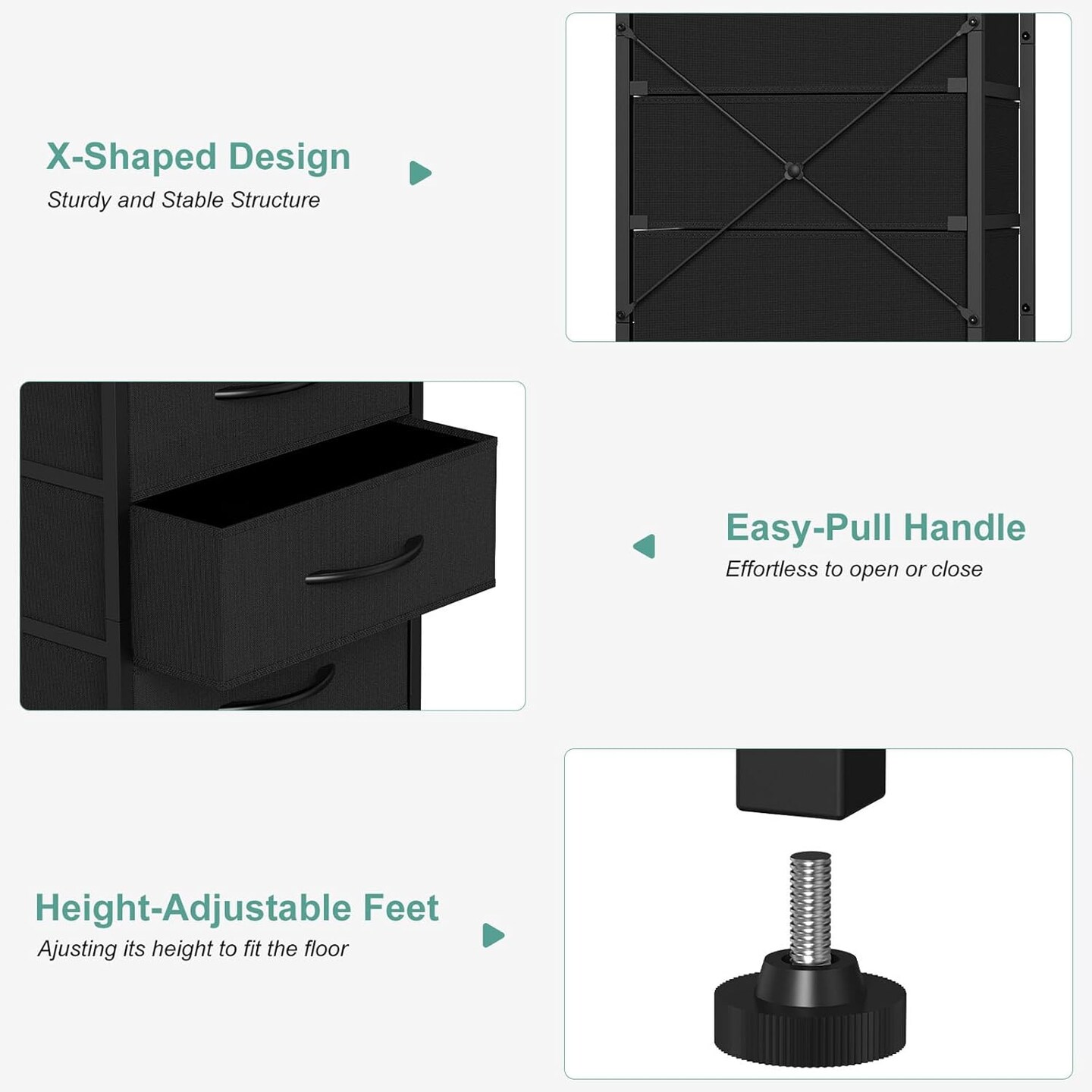 5-Drawer Tall Storage Tower with Fabric Drawers – Sturdy Metal Frame & Waterproof Wooden Top, Space-Saving Dresser for Bedroom, Entryway, Nursery, Hallway (Black)