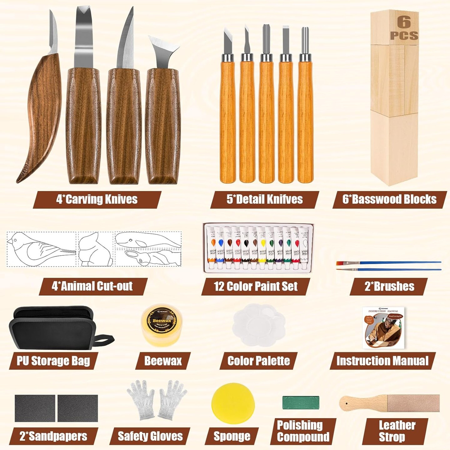 Wood Carving Kit, 44Pcs Wood Carving Tools with 4 Style Templates &#x26; 12 Color Paint Set &#x26; Bee Wax, Wood Whittling Knives Set 4pcs Whittling Knives &#x26; 5pcs Detail Knives for Beginners and Hobbyists