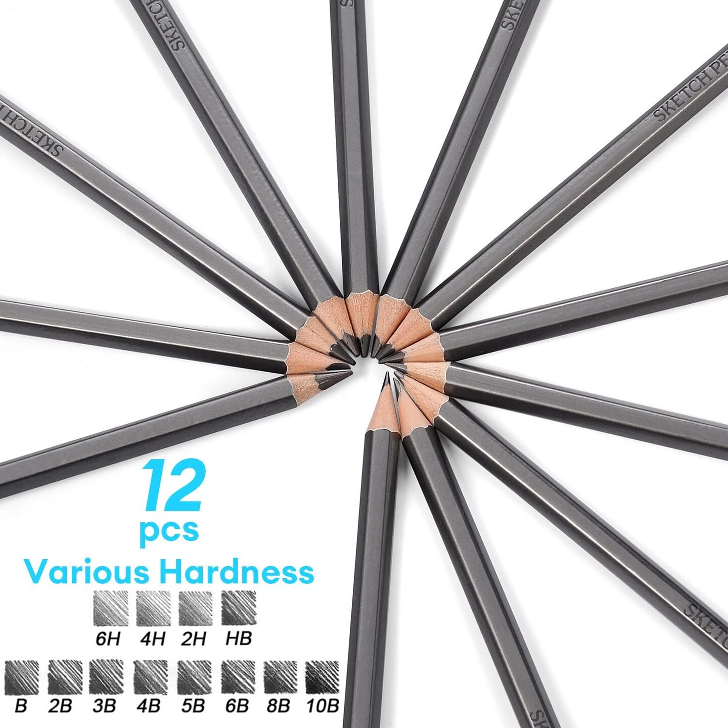 Professional Drawing Sketching Pencil Set - 12 Pieces Drawing Pencils 10B, 8B, 6B, 5B, 4B, 3B, 2B, B, HB, 2H, 4H, 6H Graphite Pencils for Beginners &#x26; Pro Artists