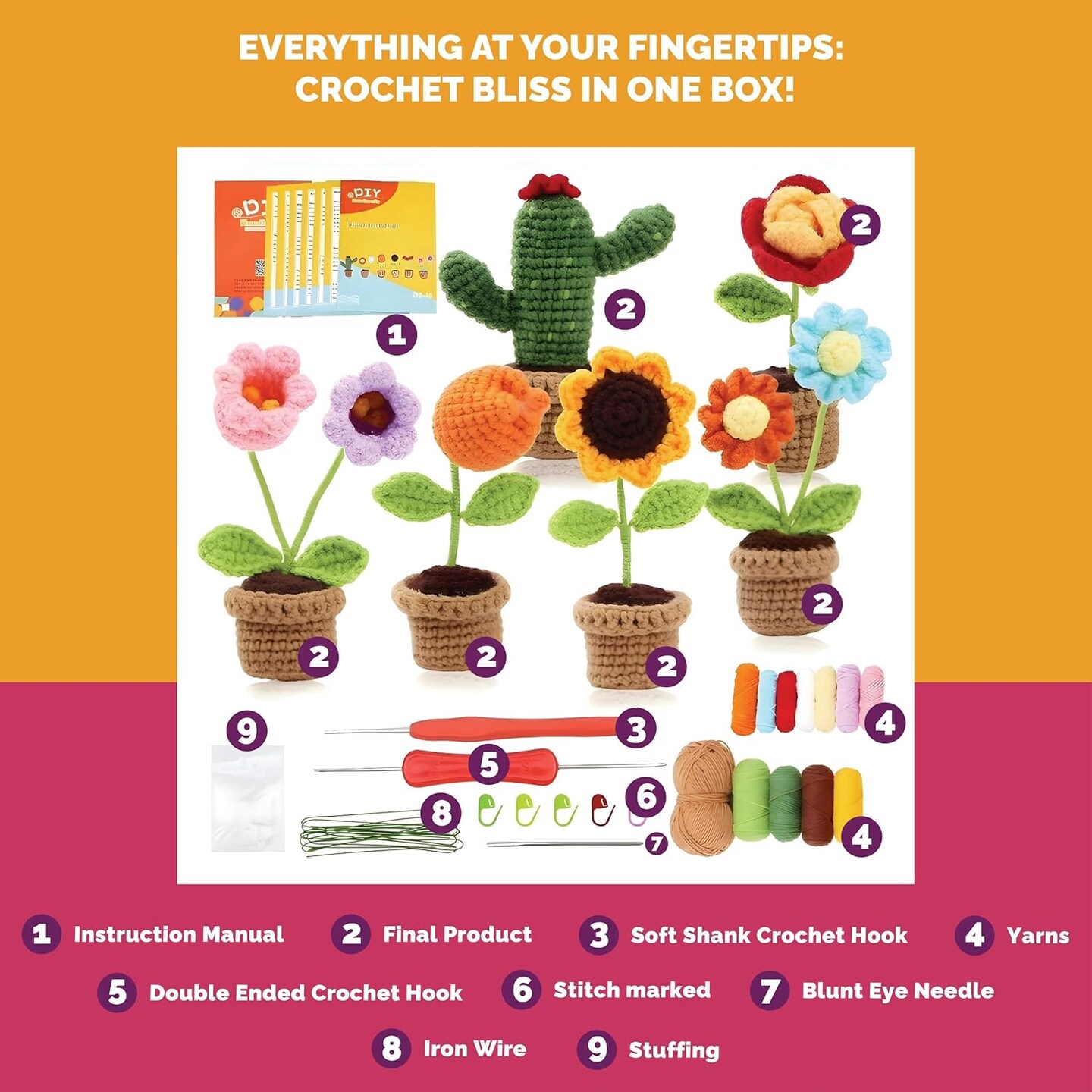 Beginner Crochet Kit for Adults | Crochet Plants Set of 6 Potted Plant Family | Crochet Kits for Starters | Crochet Flowers | Stitch-by-Stitch Video Tutorial | Gift for Kids (12+)
