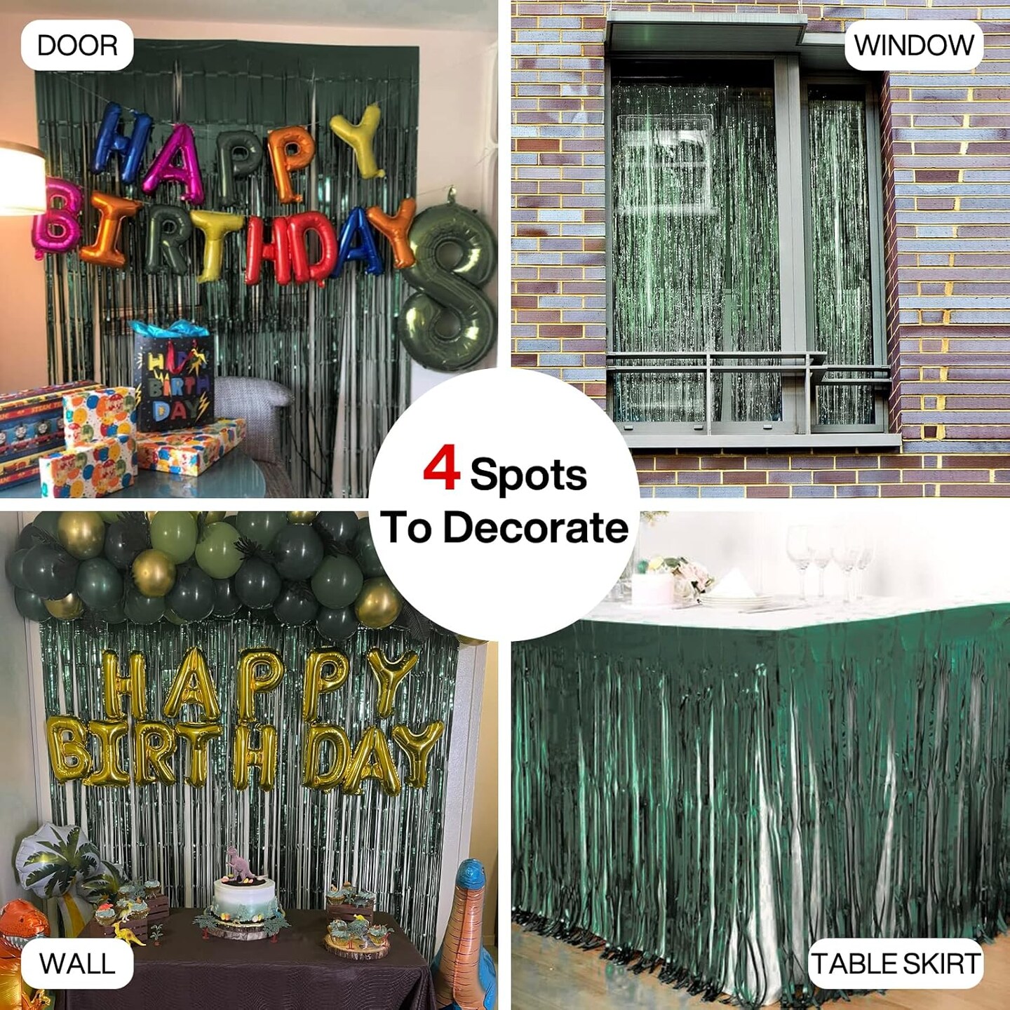2-Pack Dark Green Foil Fringe Curtains 3.3x6.6ft Party Backdrop Decorations