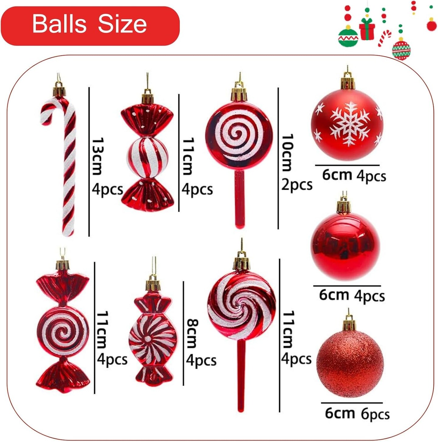 36 Pcs Red and White Christmas Ornaments, Shatterproof Plastic Red Christmas Ornaments for Tree - Candy Cane Christmas Decorations Candies Christmas Ball Ornaments for Xmas Tree Party Decoration