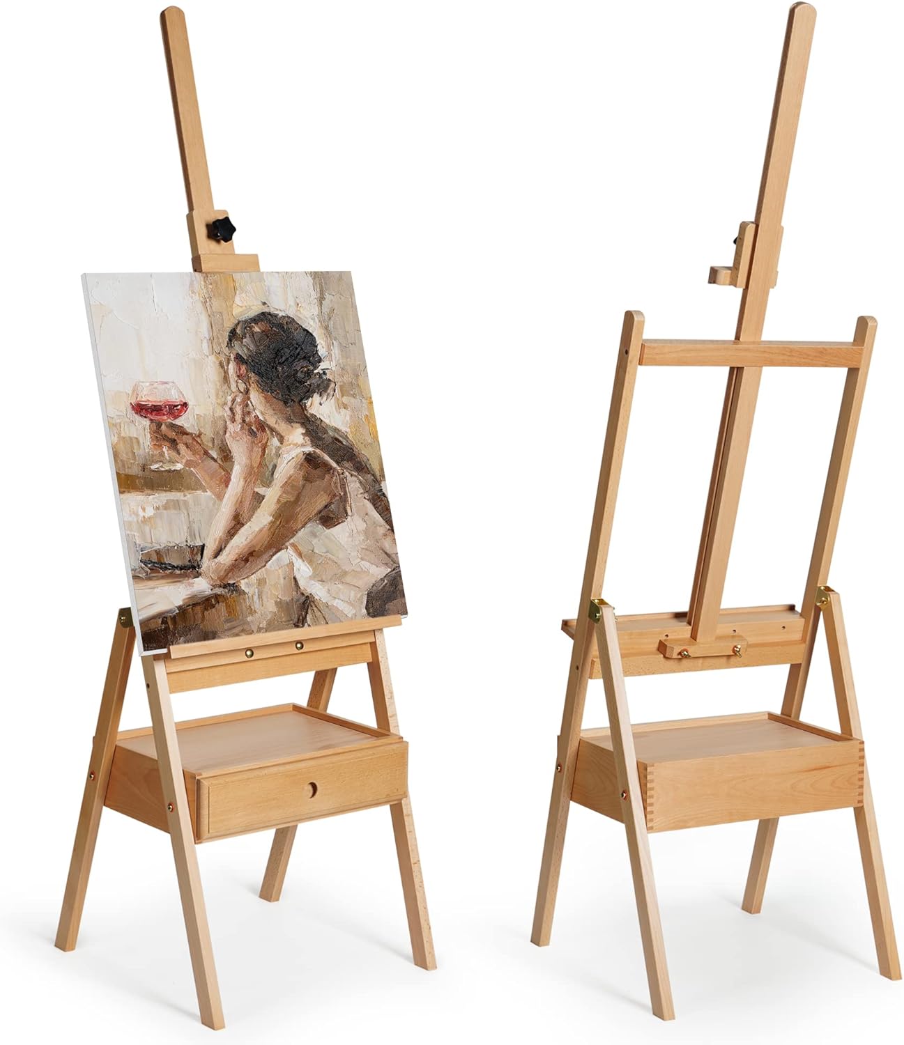 ARTIFY Large Wooden H-Frame Studio Easel with Artist Storage Drawer and Shelf, Sturdy Beechwood Canvas Holder Stand, Adjustable to 75&#x22; High