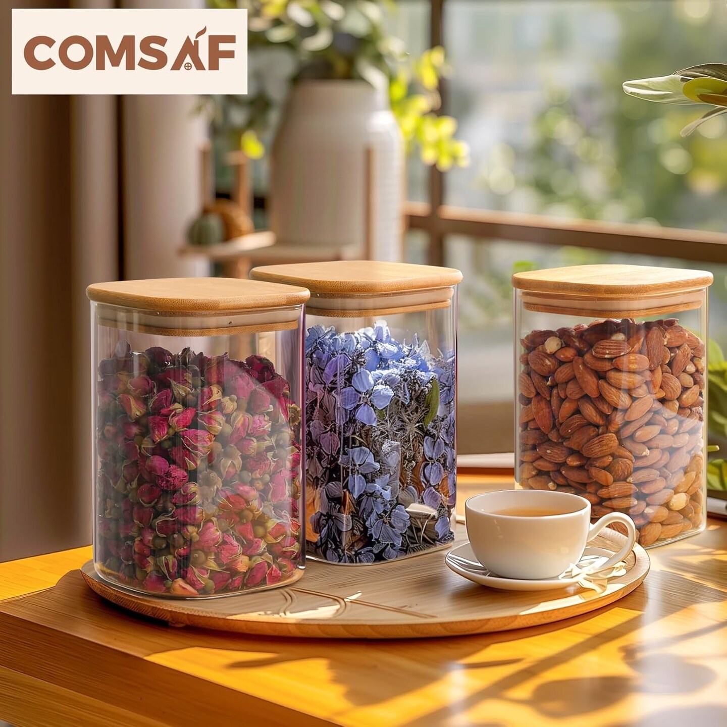 37 oz Glass Storage Containers with Lids, Glass Jars with Lids, Clear Food Jar, Square Canister Set of 6, Pantry Organizers and Storage for Cookie Flour Oat Pasta Tea Coffee Bean