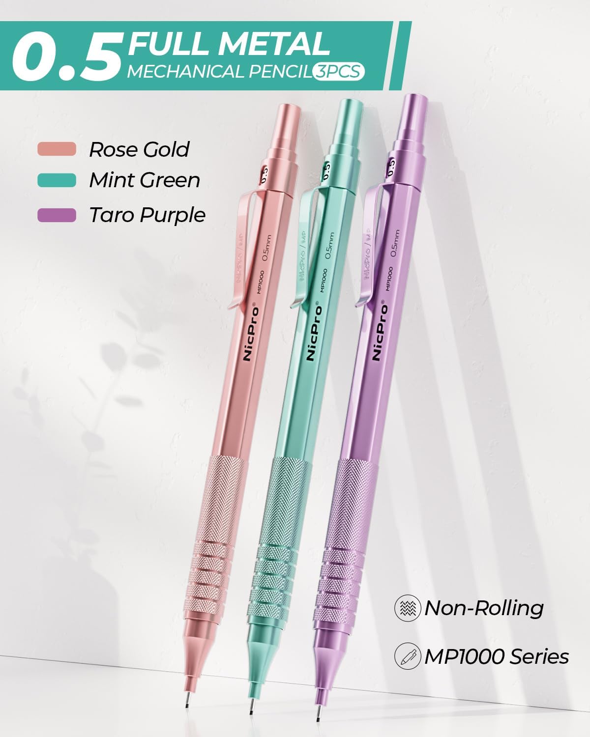 0.5 mm Metal Mechanical Pencil Set, 3PCS MP1000 Artist Lead Pencils With 480PCS HB 2B Lead Refills, Erasers, Pastel Aesthetic Mechanical Pencils for School Supplies Writing Drawing Sketching