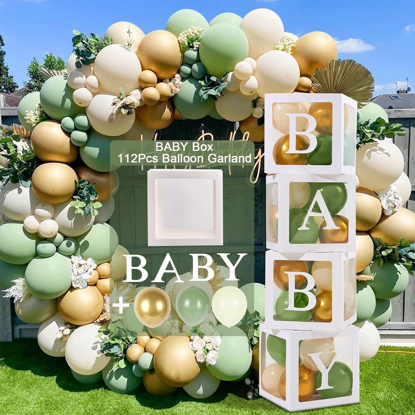 Baby Shower Decorations Boy Girl - 4Pcs Transparent Baby Balloon Boxes and 112Pcs Green White Gold Balloons Arch Kit for Sage Green Baby Shower Decorations