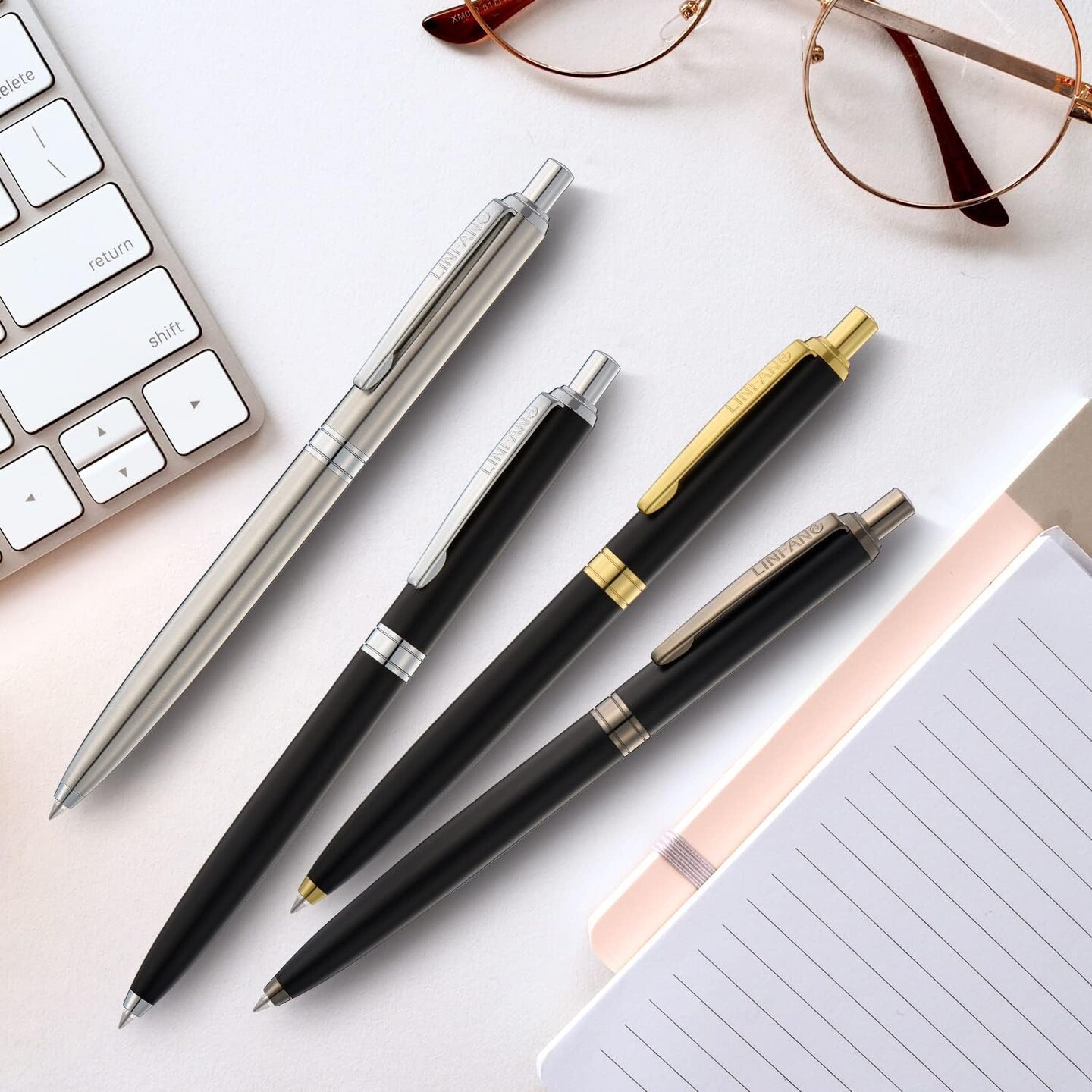 4 Pack Ballpoint Pens, Premium Retractable Metal Ballpoint Pen, Matte Black with Gold Trim, Medium Point 1.0mm Black Ink Pen for Home School Work Office Supplies, Extra 4 Refills