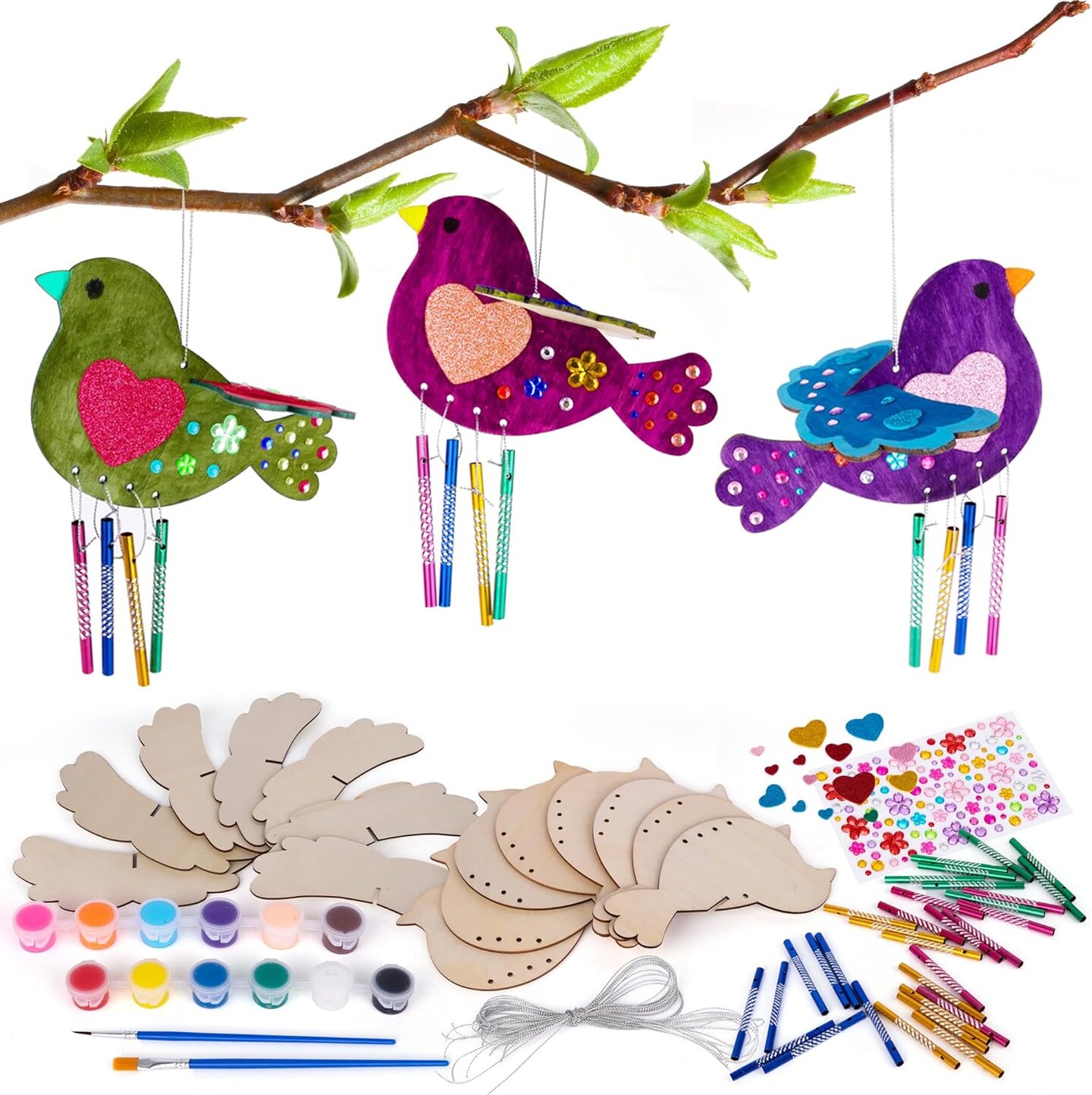 Summer DIY Wind Chime Kit for Kids - 8 Pack - Wooden Wind Chime Set with Paint Kit, Rhinestone Flower Stickers, Glitter Heart Foam Stickers, and More - Summer Arts and Crafts