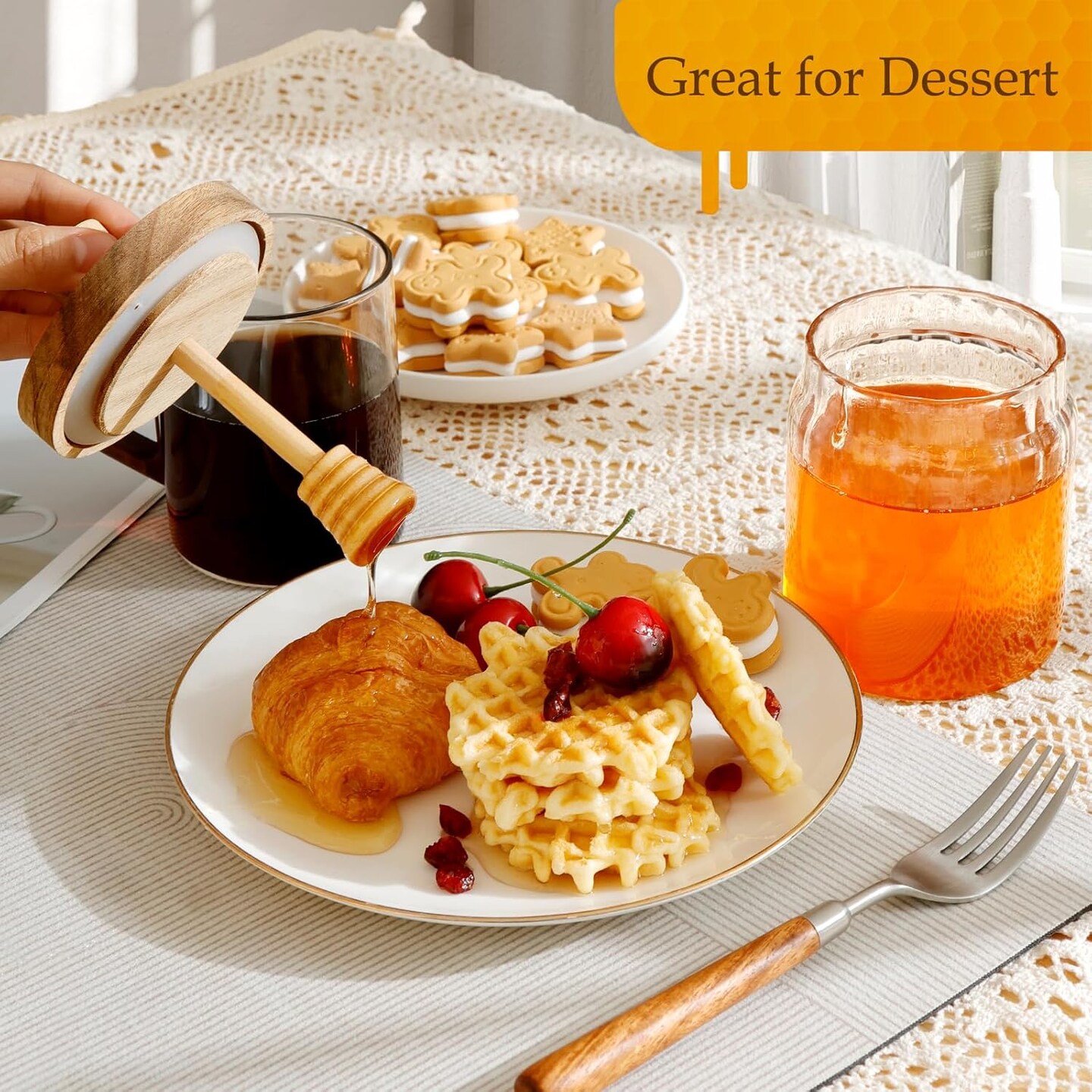15oz Glass Honey Jar with Dipper Stick and Wooden Lid, Honey Pot with Wooden Dipper, Airtight Honey Containers with Dipper