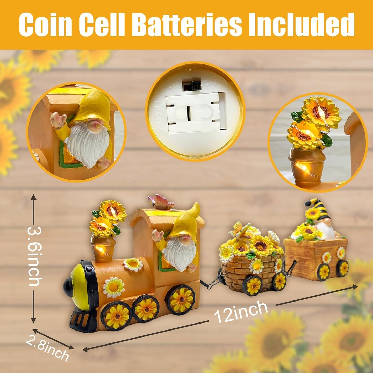 Sunflower Decor Train, LED Sunflower Decor for Tabletop, Sunflower Decorations Indoor for Home Outdoor Party, Gnomes Figurines Lighted Centerpieces Table