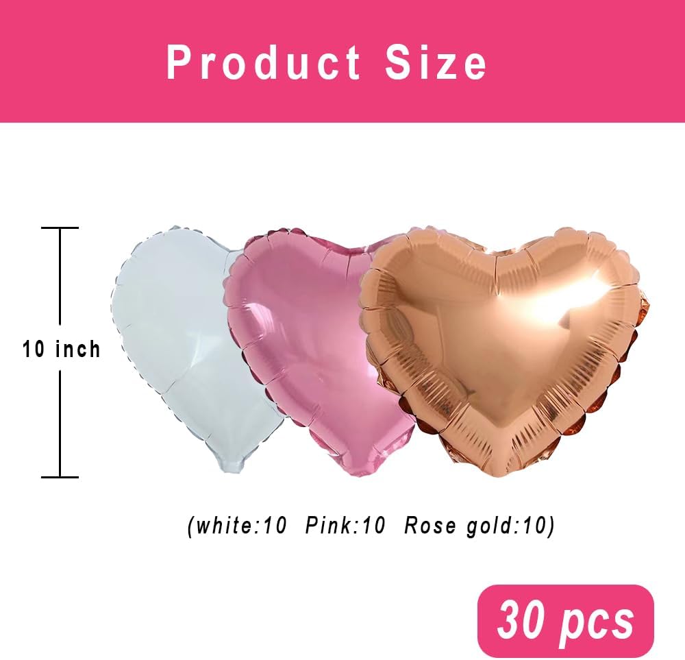 30-Pack 10in Rose Gold, Pink & White Heart Foil Balloons – Party & Wedding Decor