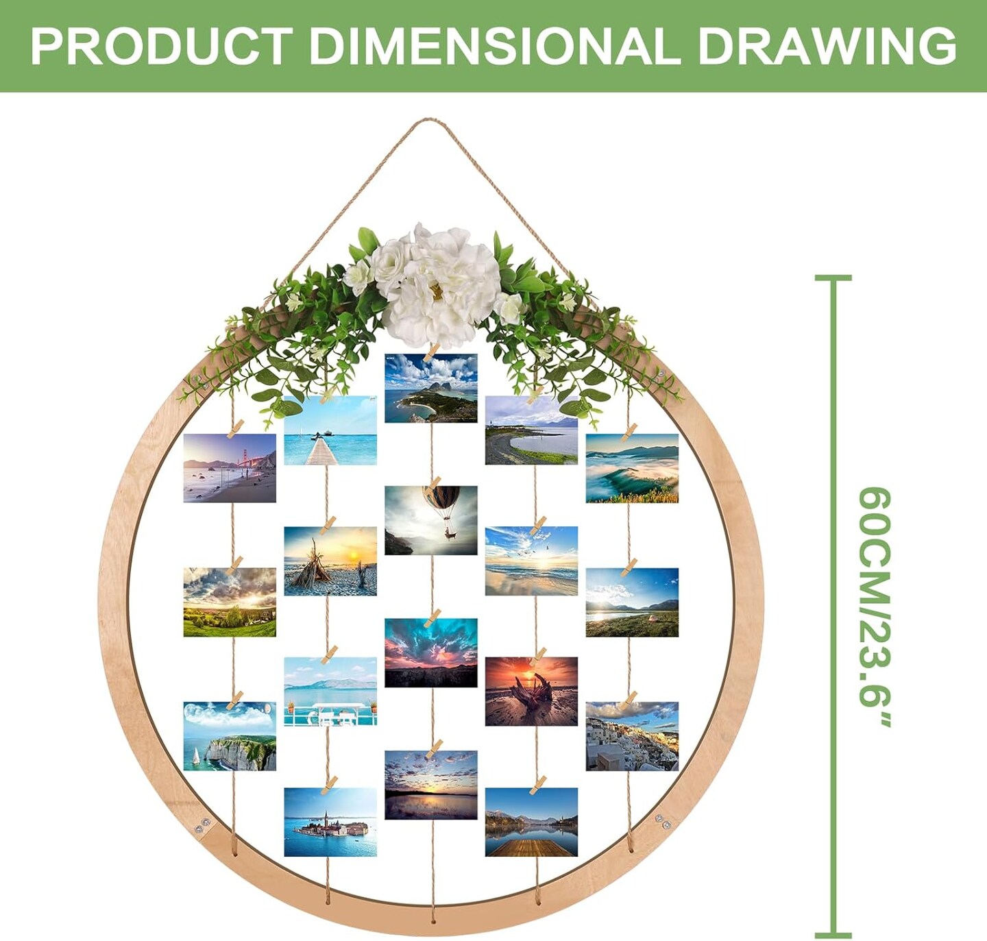 Large Round Wooden Multi Picture Frames - 60CM/23.62" Artificial Flower/Eucalyptus Hanging Display Board Photo Frames Collage Wall Decor, for Spring Mother's Day Grandma Christmas