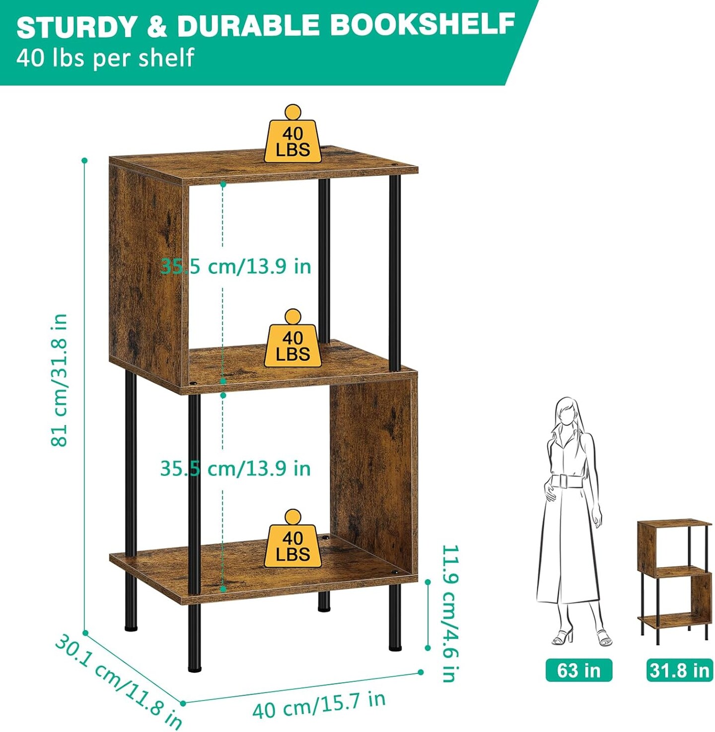 3-Tier S-Shaped Narrow Bookshelf &#x2013; Compact Bookcase with Anti-Tip Kit, Farmhouse &#x26; Modern Home Office Storage (15.7&#x201D;x11.8&#x201D;x31.8&#x201D;)