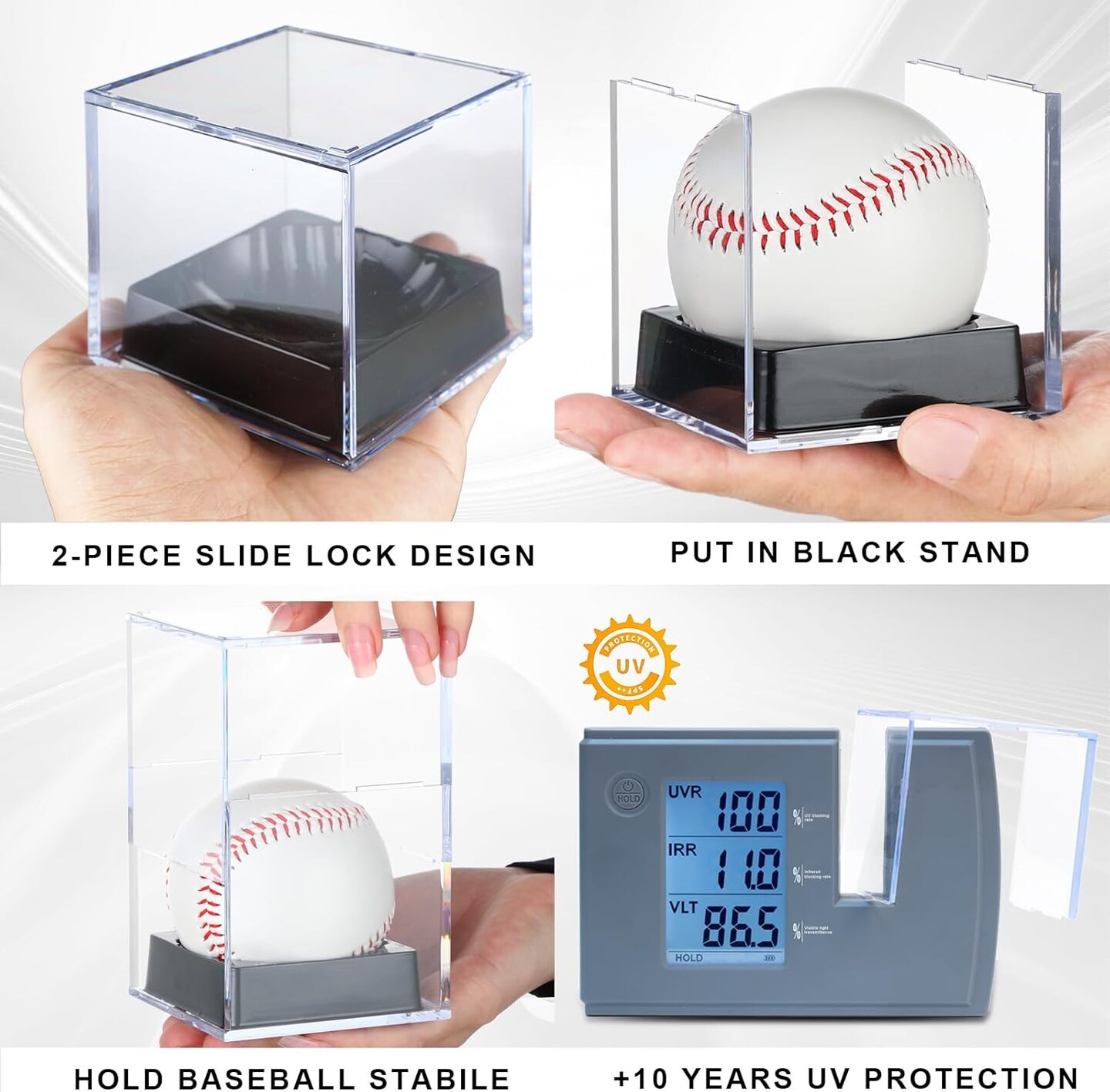 8-Pack Black-Stand Baseball Display Case - UV Protected Acrylic Square Baseball Holder, Official Size Baseball Display Box, Clear Display Cube Baseball Memorabilia Showcase Autographed Ball Protector