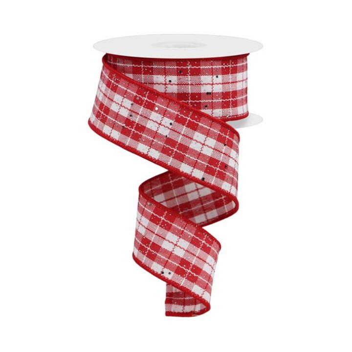 1.5&#x22;x10yd Red White Plaid Wired Ribbon with Silver Glitter &#x2013; Holiday Craft &#x26; Bow Ribbon for Christmas Decor-RGE162356